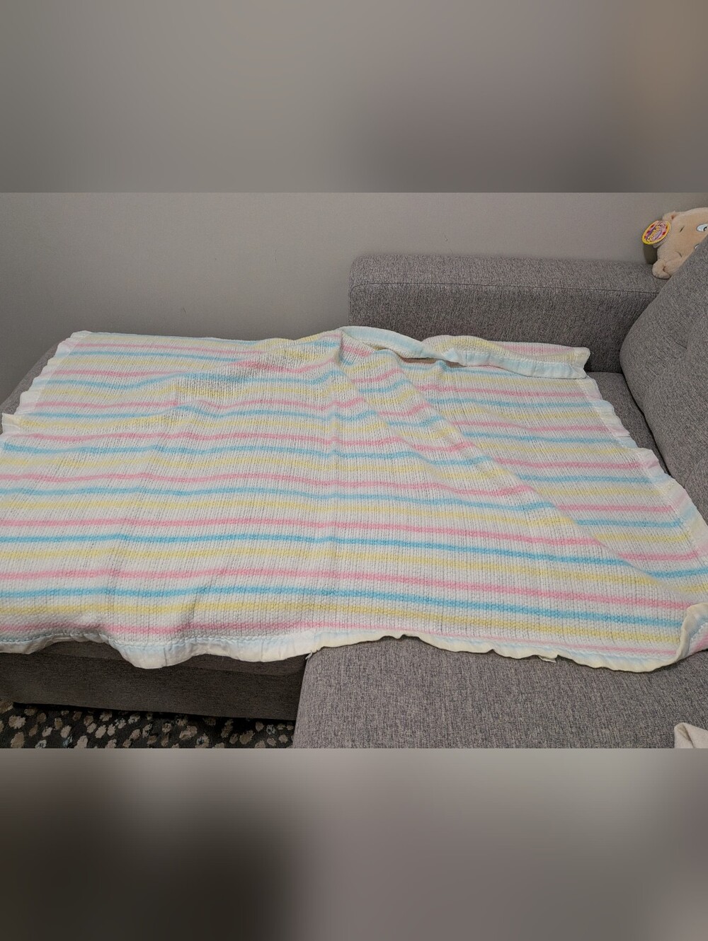 Vintage Pastel Striped Baby Blanket Acrylic Satin Trim Waffle Weave. GUC.